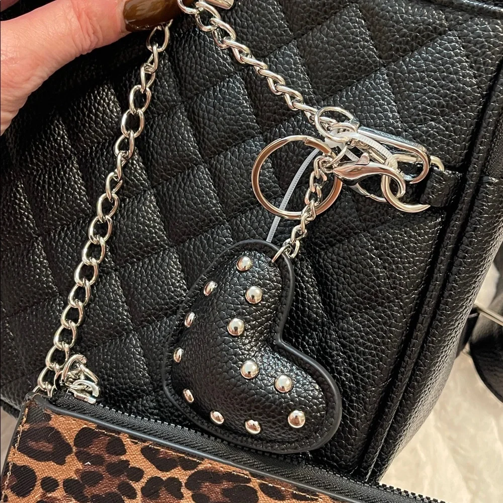 NWT Vegan Leather Quilted Backpack w/Leopard Insert & Heart Keychain